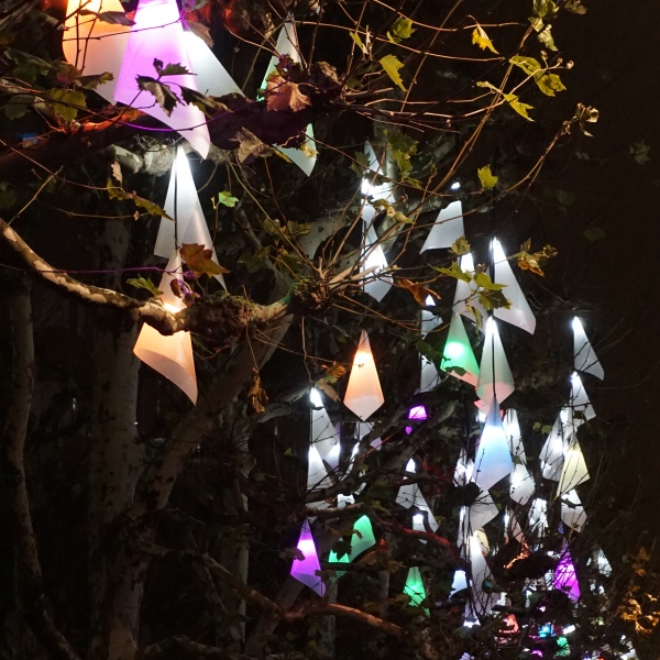 Copa de árvores iluminadas com pendurais RGB